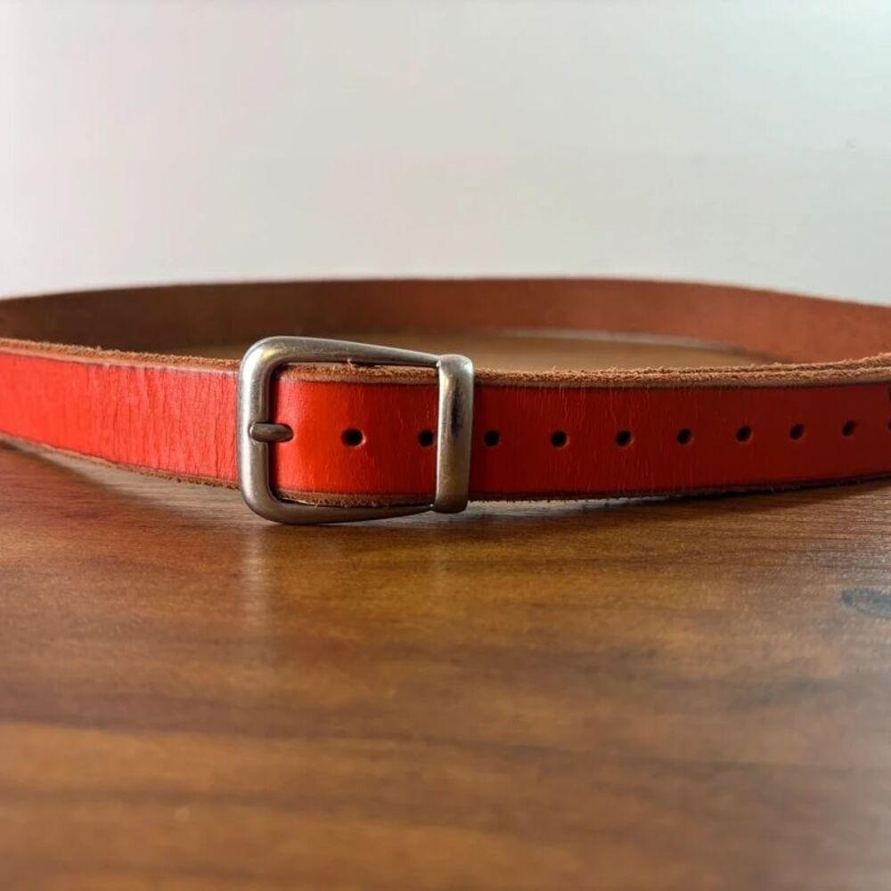 Vintage Y2K Fossil Womens Orange Genuine Leather Belt Silver Buckle Narrow